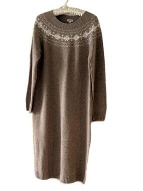 J Peterman Merino Brown Wool Midi Sweater Dress with Snowflake Design